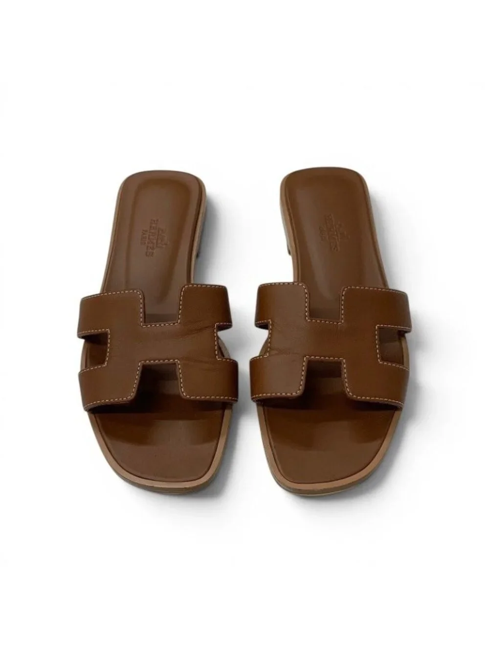 Hermes Oran Sandals Shoes Leather Brown Flat Mules
